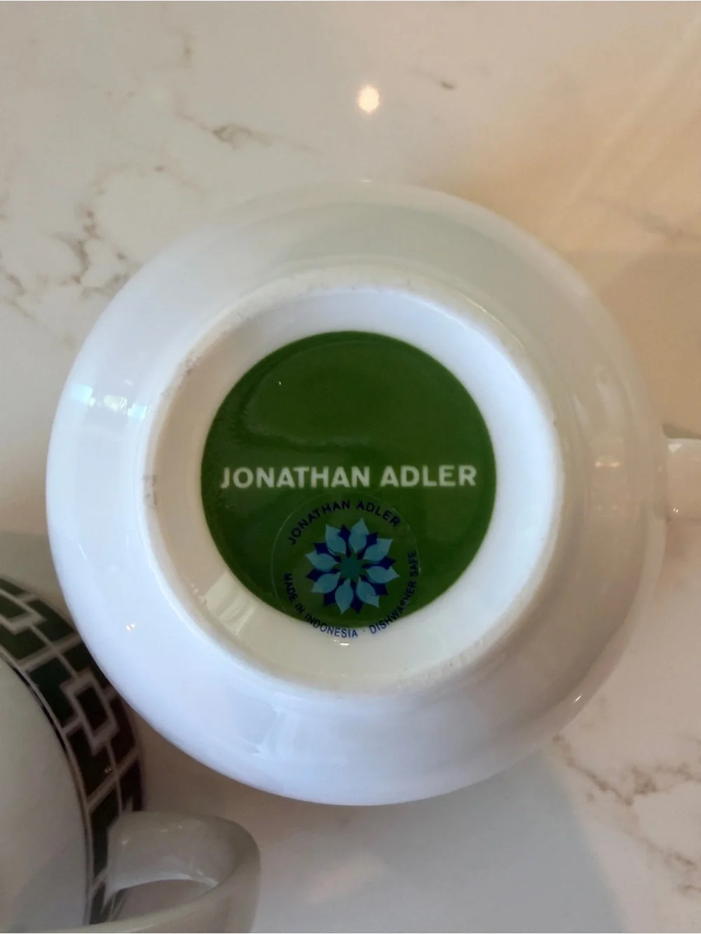 Set of 2 - Jonathan Adler Nixon Mugs Green and Silver on White (Porcelain)